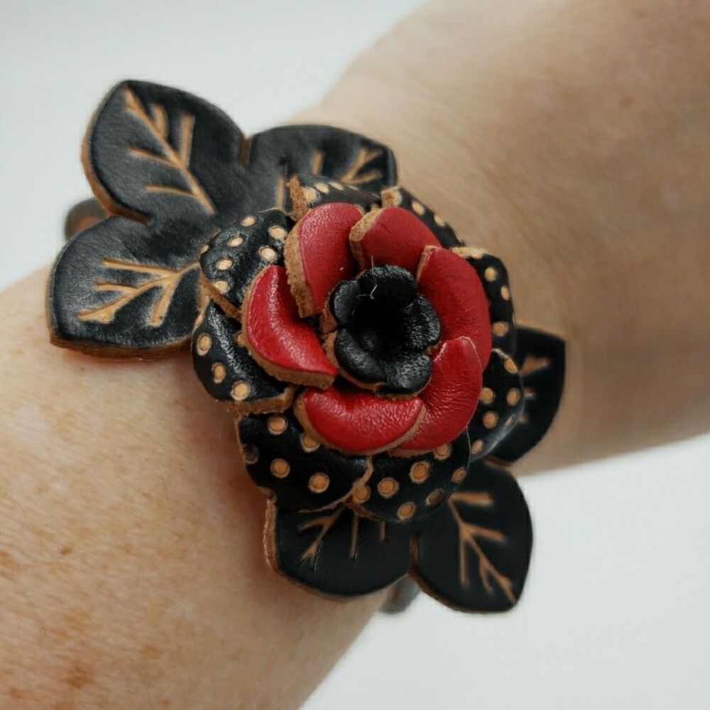 Whimsy Goth Leather Flower Cuff Snap Bracelet Adjustable Statement Black Red